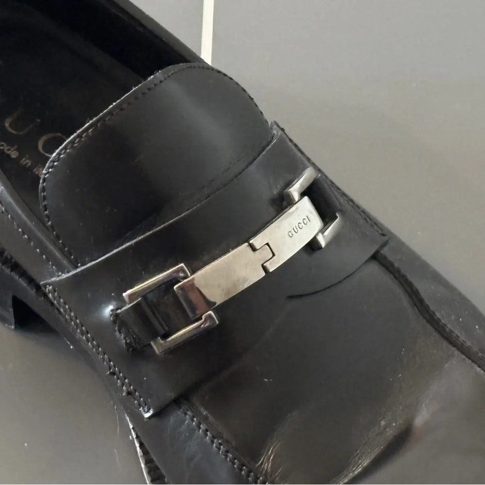 Gucci Black Leather Slip-On Loafers with Silver Horsebit